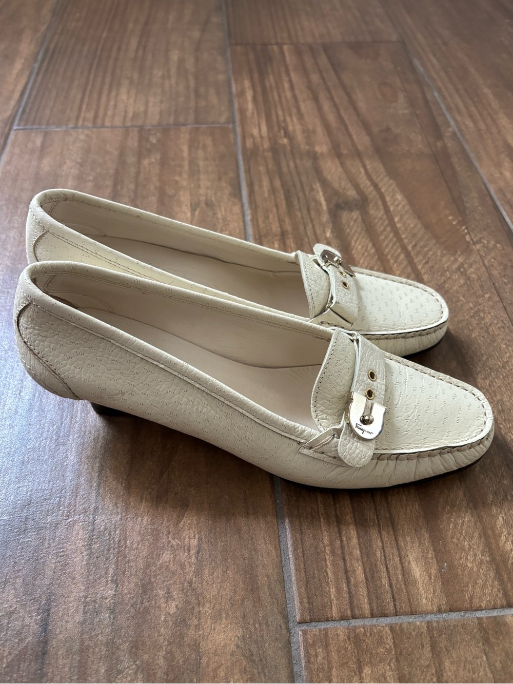 Salvatore Ferragamo Off-White Leather Loafers with Silver Buckle NWOB